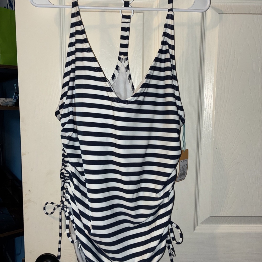Kona Sol Women's XL 16-18 High Coverage Lined One Piece Blue White Stripes